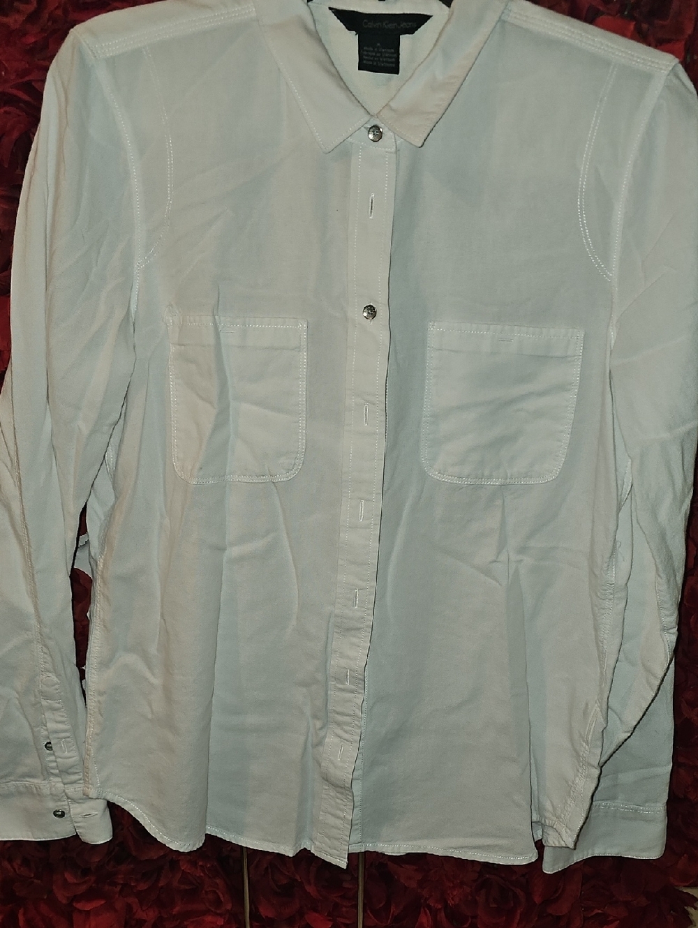 Calvin Klein Women's White Long-Sleeve Cotton Button-Down Shirt Size Medium